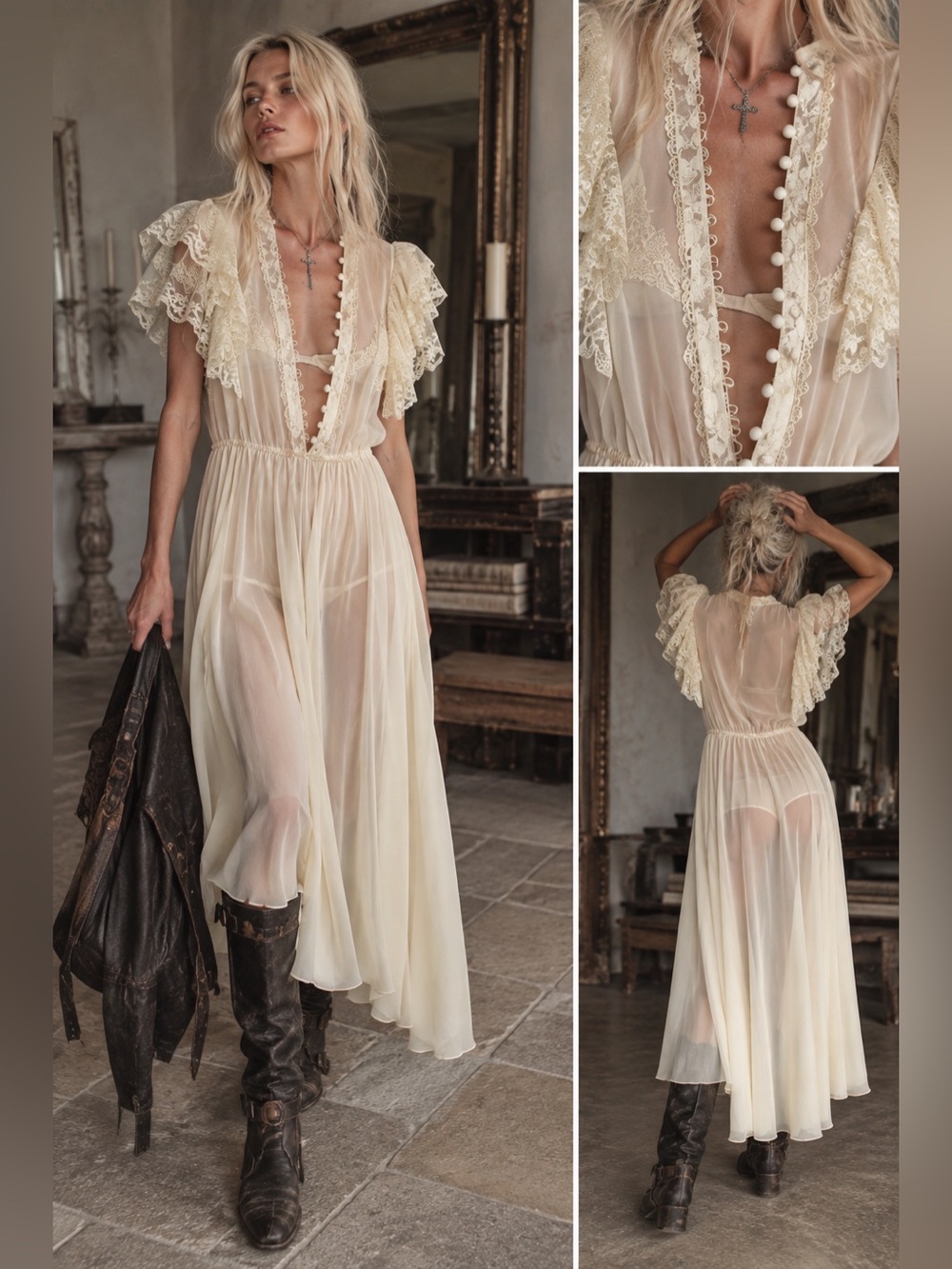 Miss Ashlee California Ivory Lace Ruffle Sleeve Romantic Midi Dress Vintage